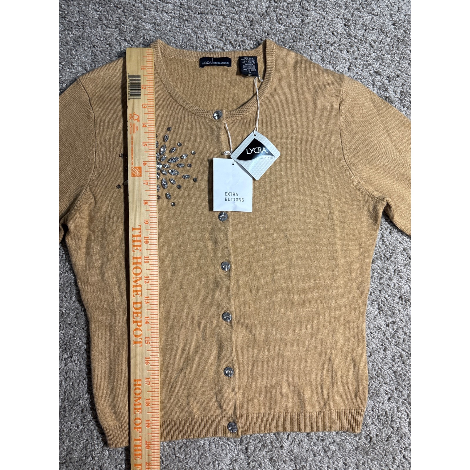 Moda International Silk Cashmere Rhinestone Cardigan Tan Camel Small Nwt — image 5 of 7